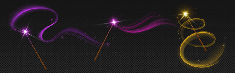 Realistic magic wand light. Wizard sparkle stick vector. Magician spell effect with glitter. Fantasy sorcery trail on transparent background. Golden dust line. Swirl streak in pink and purple color © klyaksun