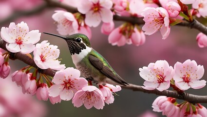 This tranquil image captures a serene moment of a hummingbird nestled among the delicate pink cherry blossoms in full bloom. The soft petals create a beautiful backdrop.