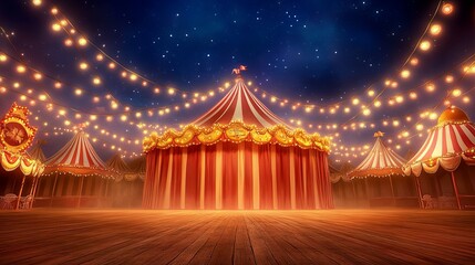 A vibrant circus scene featuring a large striped tent, glowing lights, and a magical ambiance under a night sky.