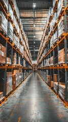 Fototapeta premium A spacious warehouse interior with stacked shelves and neatly arranged boxes, ideal for logistics and storage scenarios.