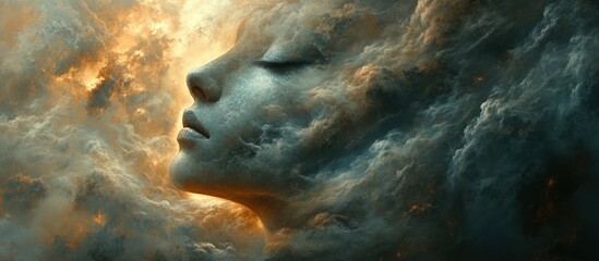 A dreamy portrait of a woman's face emerging from a cloud formation,  with her eyes closed and peaceful expression.