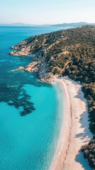 Obraz premium A stunning aerial view of a serene beach with crystal clear water and lush greenery along the coast, perfect for relaxation.
