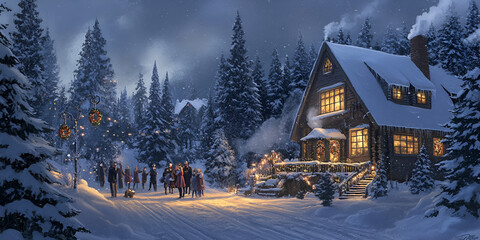 Fototapeta premium Idyllic Winter Village Covered in Snow at Night