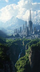 Fototapeta premium A stunning fantasy cityscape nestled in lush greenery, surrounded by majestic mountains and dramatic clouds.