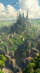 Fototapeta premium A stunning futuristic cityscape surrounded by lush greenery, showcasing towering structures against a vibrant sky.