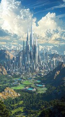 Fototapeta premium A stunning futuristic cityscape surrounded by majestic mountains and vivid clouds, showcasing advanced architecture and nature's beauty.