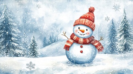 Fototapeta premium Watercolor snowman with a hat, scarf, on a snowy hill with a pine tree for a wintery scene