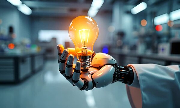A robotic arm holds a brightly burning light bulb, symbolising innovation and technology. The modern laboratory in the background emphasises the theme of scientific discovery. Generated with AI