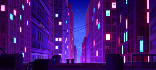 Night downtown street. Neon light city background. Perspective cityscape view with futuristic building. Abstract metaverse district scape with window glow. Cyber dark urban rooftop game panorama © klyaksun