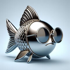 a cool and hip silver shinny metallic futuristic goldfish character