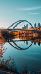 Obraz premium A stunning urban bridge reflecting in calm water, surrounded by vibrant autumn foliage and modern city skyline.