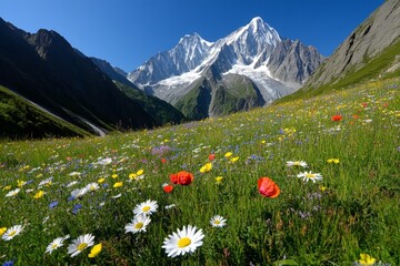 A wildflower meadow in the mountains, where colorful blooms of daisies and poppies create a patchwork of colors beneath towering, snow-capped peaks