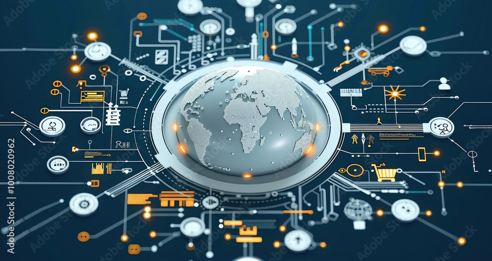 Poster A central hub with arrows extending to different parts of the world, each arrow representing a different language script, while icons for documents, videos. 3D illustration.