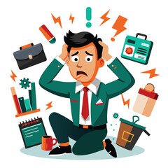 An exhausted man sits on the floor of a chaotic office pulling his hair in frustration as he navigates stress and demands from his workload