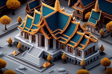 Abstract minimalist design of the Temple of the Emerald Buddha, blending geometric forms with muted tones to represent the elegance and spiritual significance of the temple.