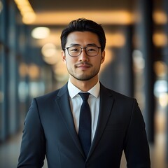 Fototapeta premium Confident Asian Businessman in Formal Suit Posing in Office Environment for Corporate Photo