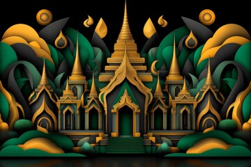Geometric design of the Temple of the Emerald Buddha, using abstract shapes and vibrant gold and green tones to capture the grandeur of the temple in minimalist form.