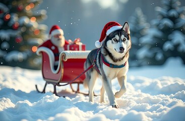A husky dog with deer antlers on its head carries a wooden sled with Santa Claus and gifts for Christmas. Christmas delivery concept. Winter forest background