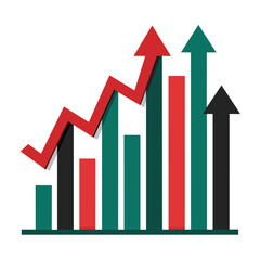 This graphic depicts a fluctuating financial chart with bars in green and black accompanied by red and green arrows representing market trends