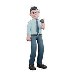 Cartoon Illustration of a Male Financial Analyst. A male financial analyst stands holding a mic in his left hand. 3D Fiscal Style