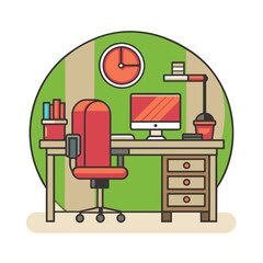 Fototapeta premium A graphical representation of a contemporary workspace showing a desk with a computer a stylish chair books and a clock against a vibrant background