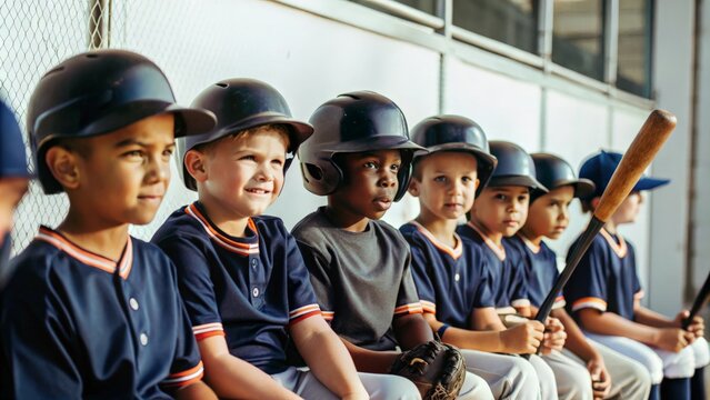 Boys in a row playing T-ball, waiting to bat, seated on the bench behind home plate.