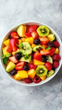 A vibrant bowl of fresh mixed fruit, featuring strawberries, kiwis, and melons, perfect for healthy snacks and desserts.