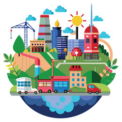 The illustration features a colorful depiction of a city incorporating green infrastructure initiatives including transportation energy sources and flora