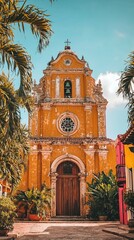 Obraz premium A vibrant historical church surrounded by lush greenery and colorful architecture, capturing the essence of cultural heritage.