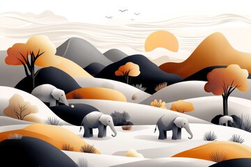Fototapeta premium Minimalist illustration of an elephant sanctuary, with simple lines and soft colors showing elephants roaming peacefully through an abstract landscape.