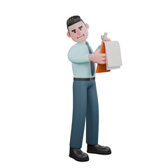 3D Male Economic Expert. A male financial analyst stands holding a notepad with both hands. Illustrated Finance Character