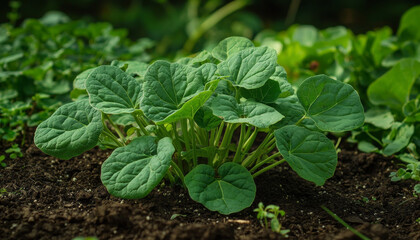 Obraz premium A lush green plant with broad leaves growing in rich soil, showcasing healthy growth in a garden setting.