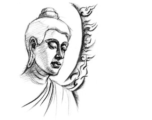 portrait of Buddha pencil drawing for card illustration decoration
