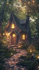 A whimsical cottage nestled in a serene forest, glowing with warm lights, creating a magical and inviting atmosphere.