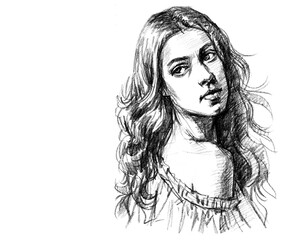 portrait of a long hair girl pencil drawing for card decoration illustration
