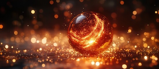 A glowing orange orb sits on a table with a bokeh background.