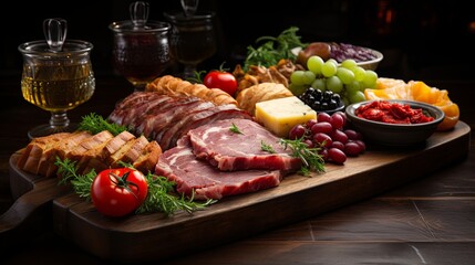 A Rustic Wooden Board Filled with Delectable Bites, Featuring Sliced Meat, Cheeses, Grapes, and Other Appetizers