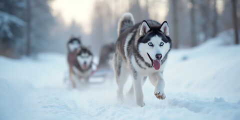 Naklejka premium A Siberian Husky energetically pulling a sled through a snowy landscape. The dog, with its thick fur coat and striking blue eyes