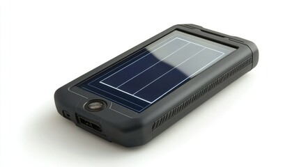 A handheld solar charger device, isolated on a white background to highlight its portability and eco-friendly design.