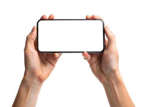 Mobile phone screen mockup in case. Hand holding smartphone display mock up isolated on white. background as transparent 