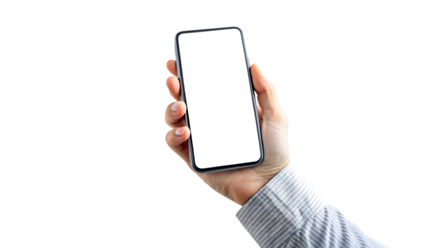Mobile phone screen mockup in case. Hand holding smartphone display mock up isolated on white. background as transparent 