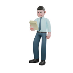 3D Cartoon Investment Analyst. A male financial analyst stands holding a sheet of paper in his right hand and his head is lowered towards the sheet of paper. Financial Sector Scene