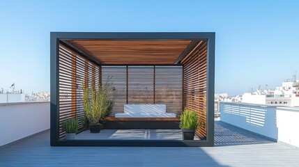 A modern outdoor pavilion with wooden accents and plants, ideal for relaxation.