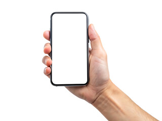 Mobile phone screen mockup in case. Hand holding smartphone display mock up isolated on white background as transparent 