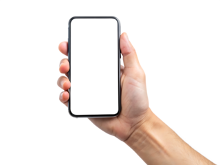 Mobile phone screen mockup in case. Hand holding smartphone display mock up isolated on white background as transparent 