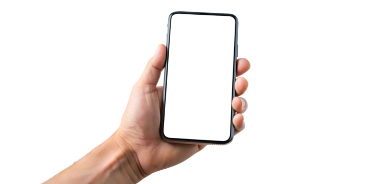 Mobile phone screen mockup in case. Hand holding smartphone display mock up isolated on white. background as transparent 