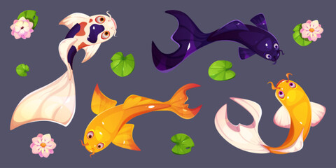 Naklejka premium Koi fish and lotus flowers set isolated on black background. Vector cartoon illustration of white and golden carps swimming in traditional Asian pond, Japanese water garden design elements top view