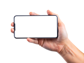 Mobile phone screen mockup in case. Hand holding smartphone display mock up isolated on white. background as transparent 