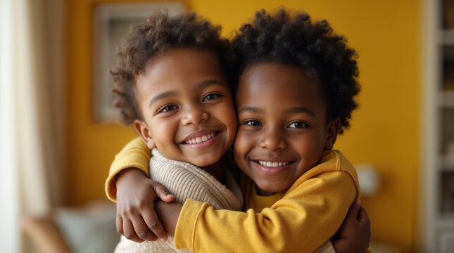 Brotherly love. Two young African American children hugging each other and smiling at the camera. They are cheek to cheek and expressing their love for each other.