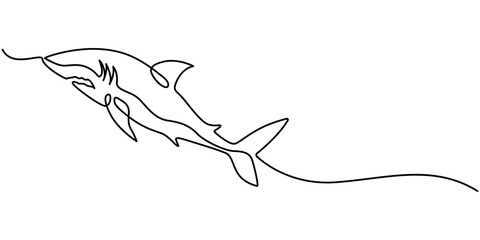 Continuous one line drawing of shark fish. Simple illustration of saltwater fish line art vector illustration, Shark Continuous Line Drawing, Shark fish in continuous line art drawing,  One continuous